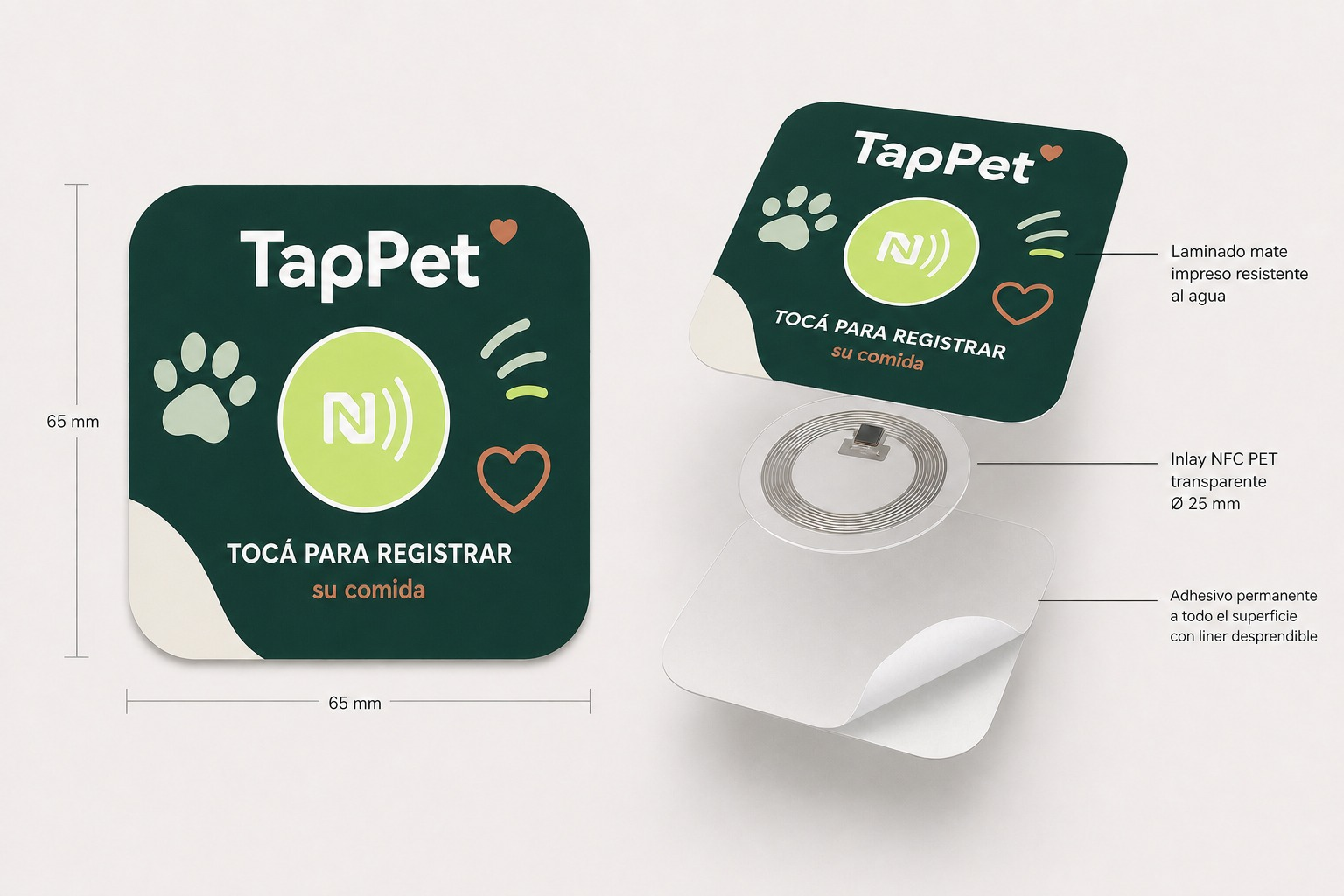Prototipo de sticker TapPet de 65 por 65 milímetros con NFC interior de 25 milímetros